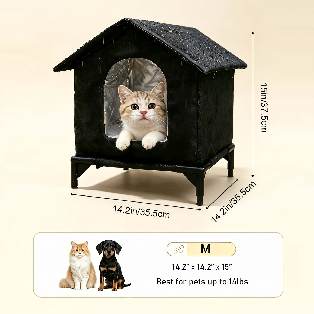 Outdoor Cat House with Raised Floor, Weatherproof Insulated Shelter for Feral and Stray Cats, Easy Assembly for Porch and Garage, Black or Grey