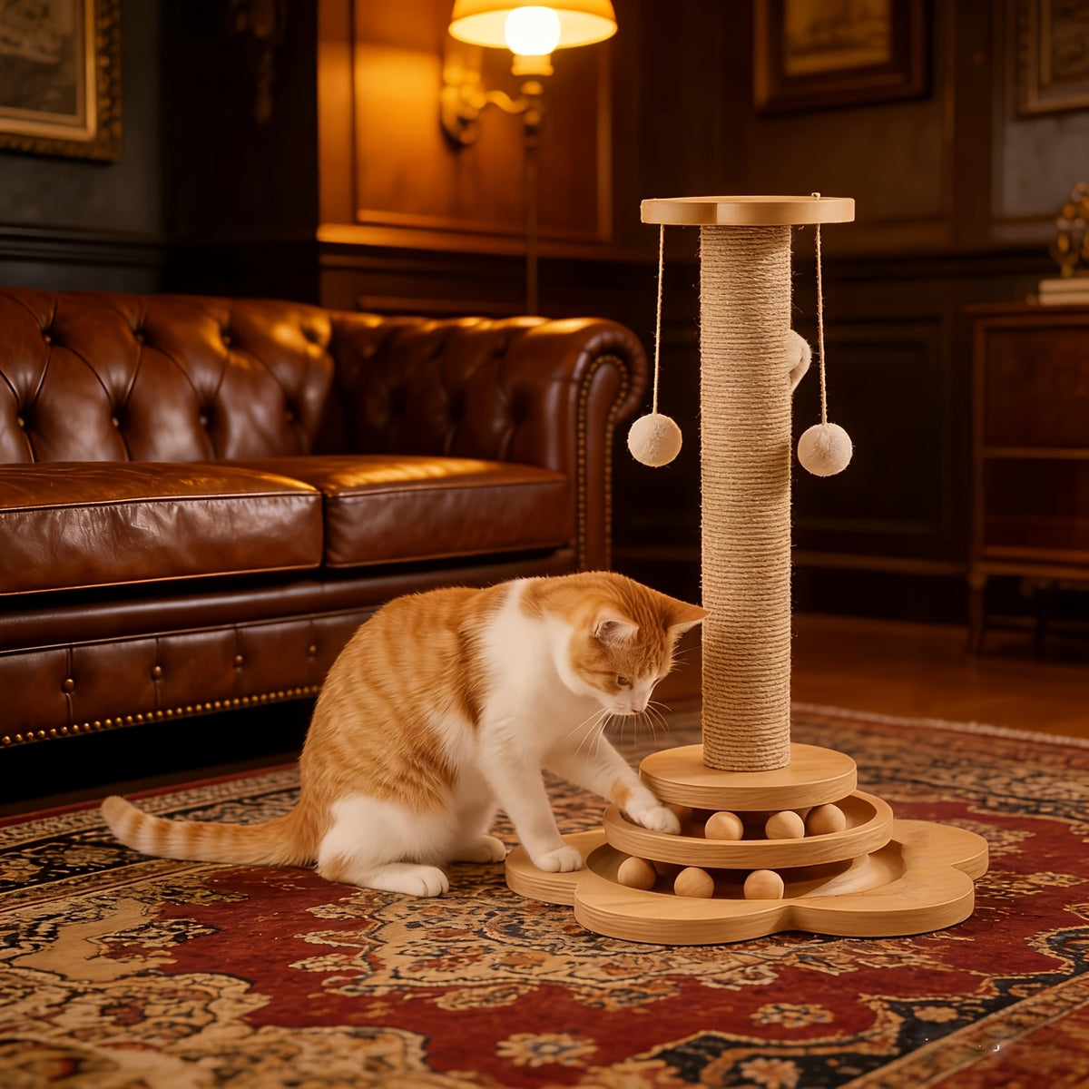 4-in-1 Cat Scratching Post with Ball Tracks, Hanging Toys and Feather Teaser for Indoor Cats, Small to Large and Replacement Column Options