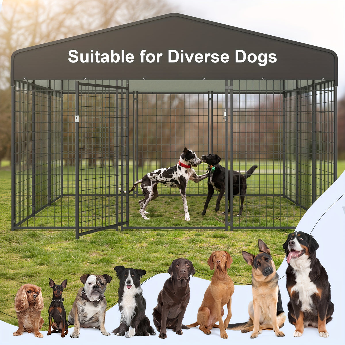 Outdoor Dog Run Enclosure with Roof Cover, Heavy-Duty Steel Mesh Kennel with Lockable Door and Ground Pegs, Four Size Options for Backyard and Farm
