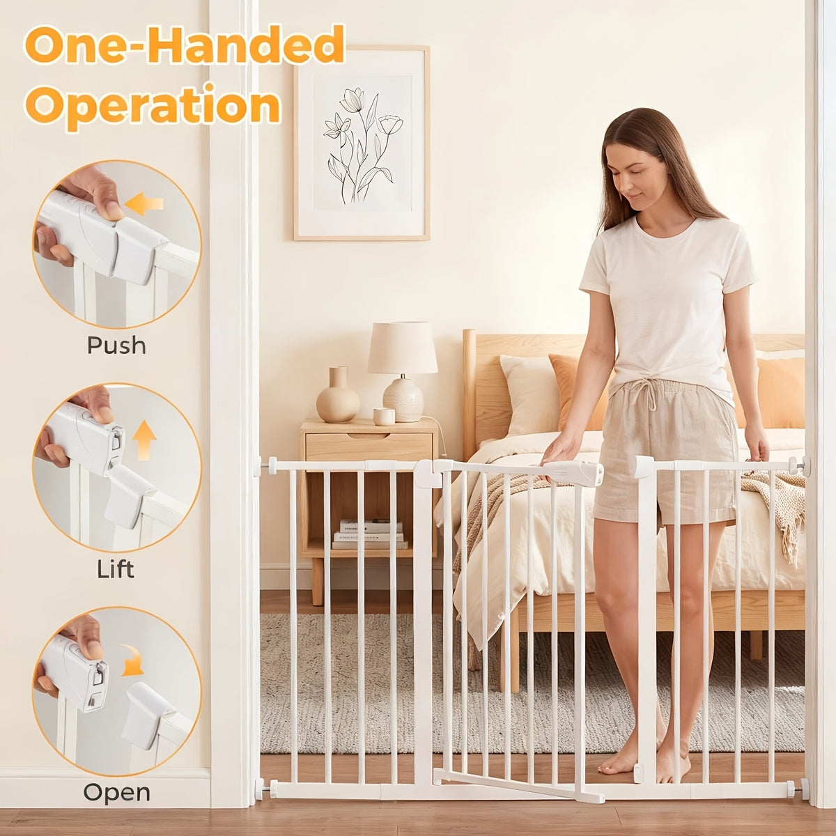 Auto Close Pet Gate in White, Pressure Mounted Walk Through Dog Barrier with Two-Way Swing, One-Hand Operation and Extensions for Doorways and Hallways