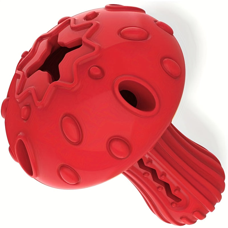 Treat Dispensing Dog Toy in Mushroom Shape, Beef-Scented Rubber Puzzle Chew for Medium and Large Dogs, 3.9 x 5.1 Inches in Red or Yellow