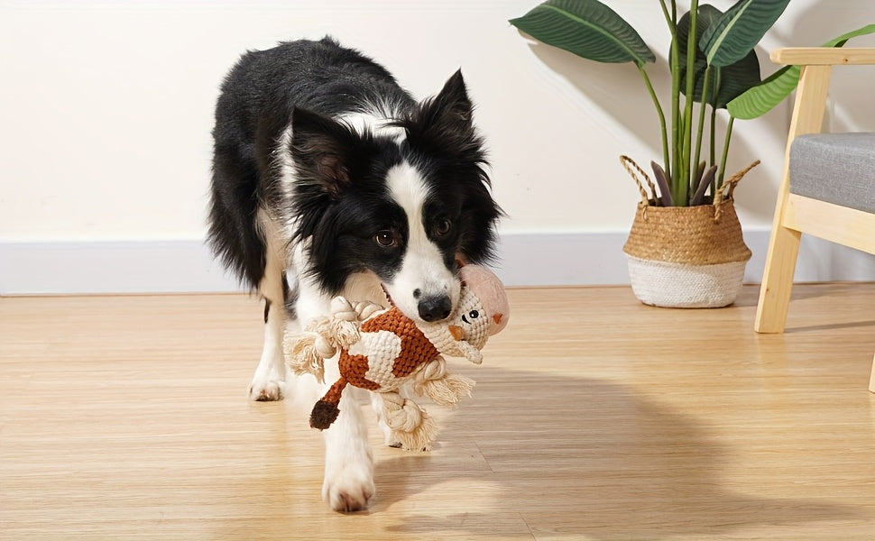 Cow Dog Toy with Knotted Rope Legs, 8-Inch Squeaky Crinkle Plush Pet Toy for Supervised Gentle Tug of War, Fetch and Interactive Puppy Play
