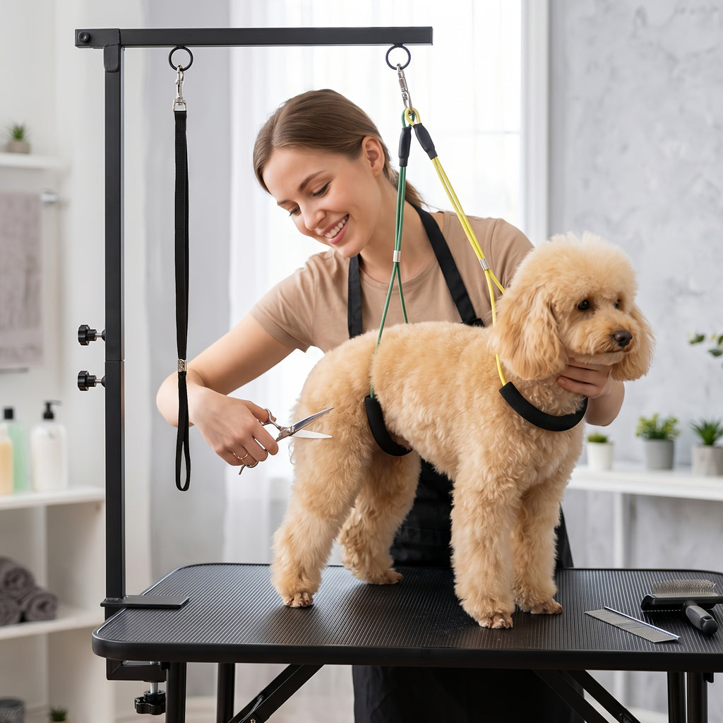 Dog Grooming Table Arm, Black Foldable Pet Grooming Stand with Adjustable Table Clamp and Restraint Loops for Small and Medium Dogs, Table Not Included