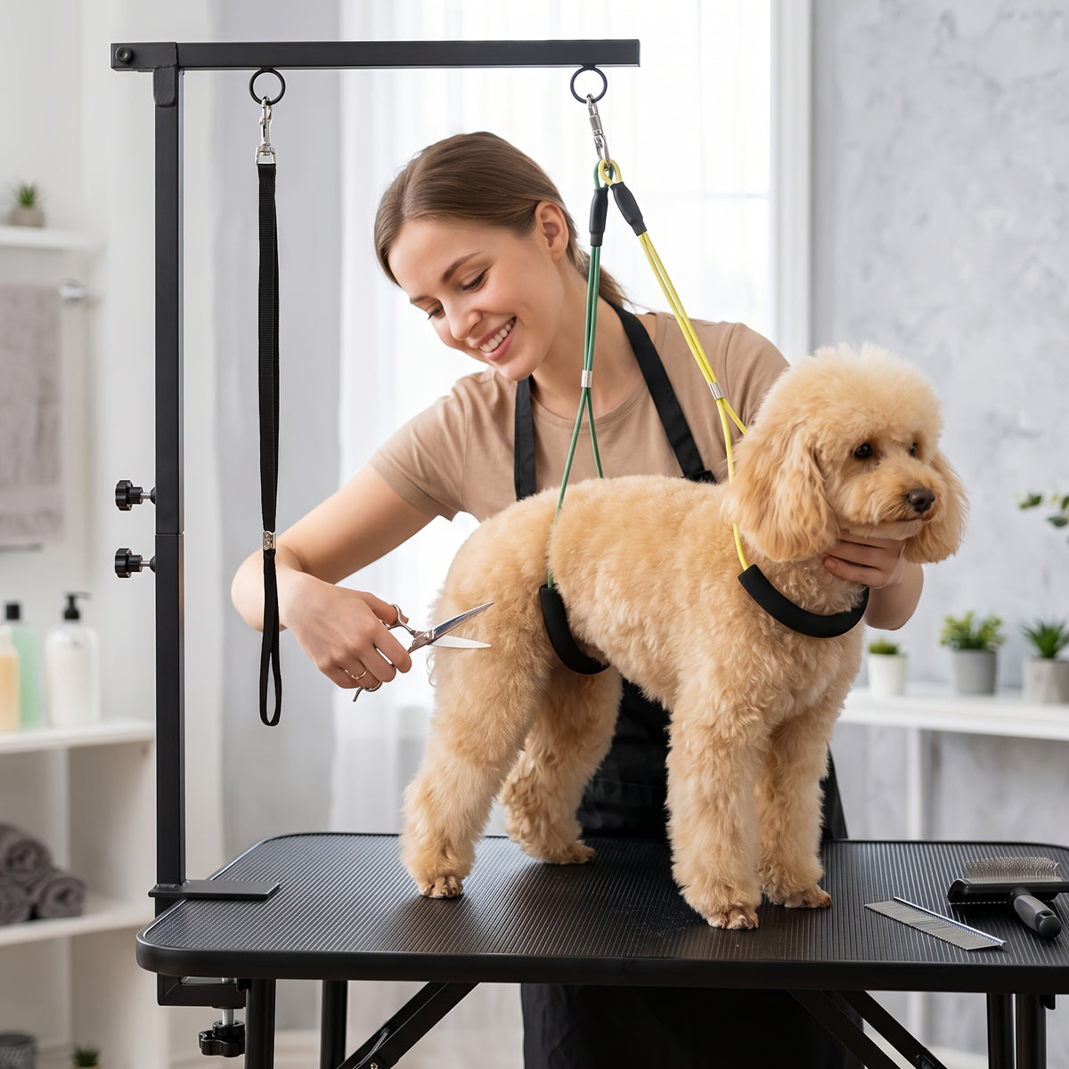 Dog Grooming Table Arm, Black Foldable Pet Grooming Stand with Adjustable Table Clamp and Restraint Loops for Small and Medium Dogs, Table Not Included