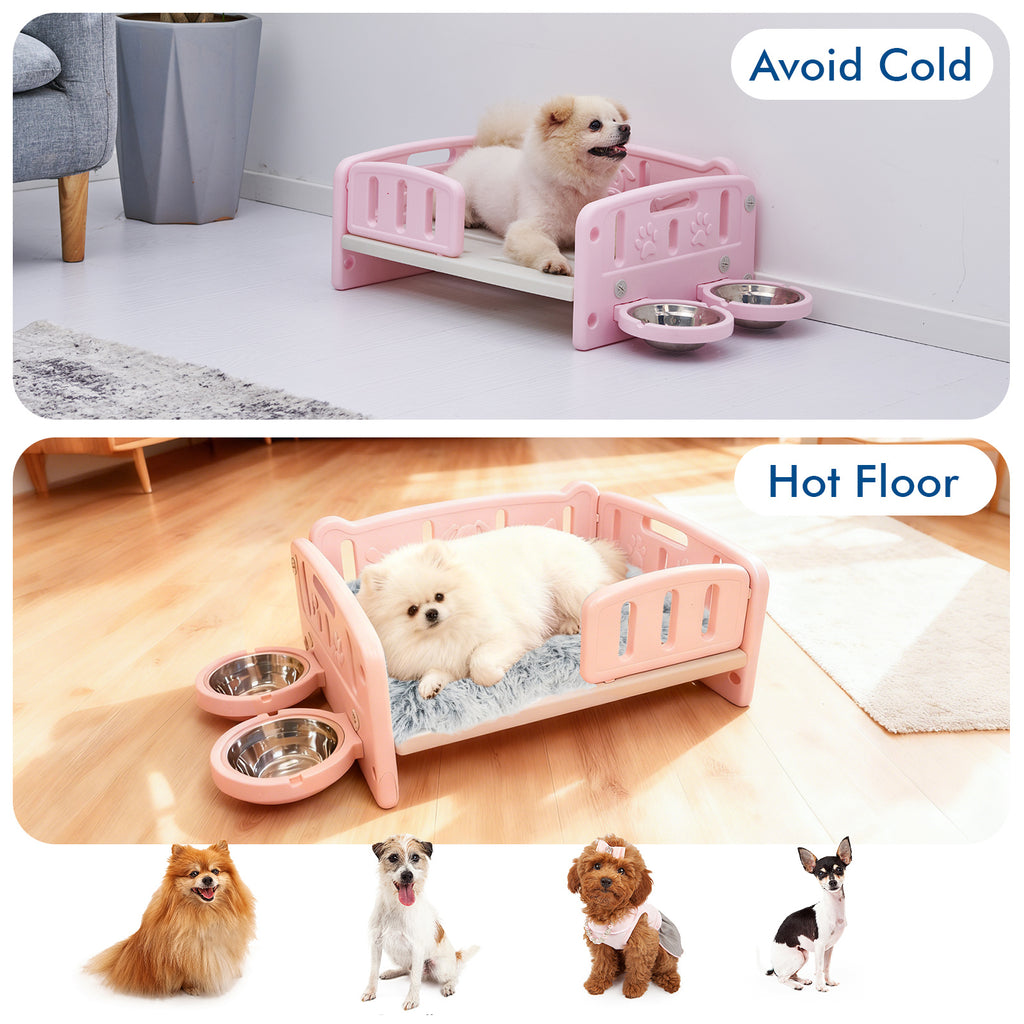 Elevated Dog Bed with Feeding Bowls, Plush Mat and Front Entry, Pink or Blue Pet Sofa with Paw-Print Side Panels for Small to Medium Dogs