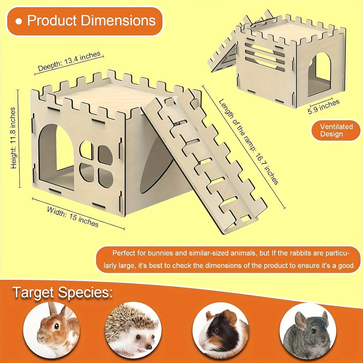 Wooden Rabbit Castle Hideout with Detachable Interlocking Design, Small Animal House for Indoor Habitat Enrichment, Hiding and Exploration