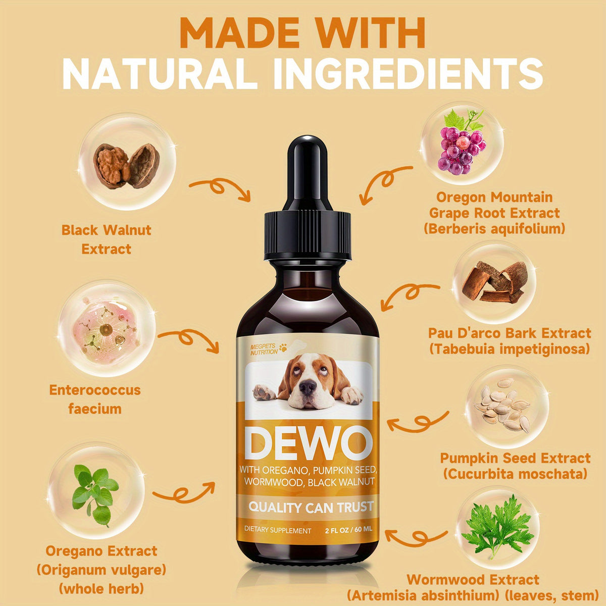 Herbal Pet Supplement Drops for Dogs and Cats, 2 fl oz Liquid Formula with Wormwood, Black Walnut and Pumpkin Seed, One to Three Bottle Options