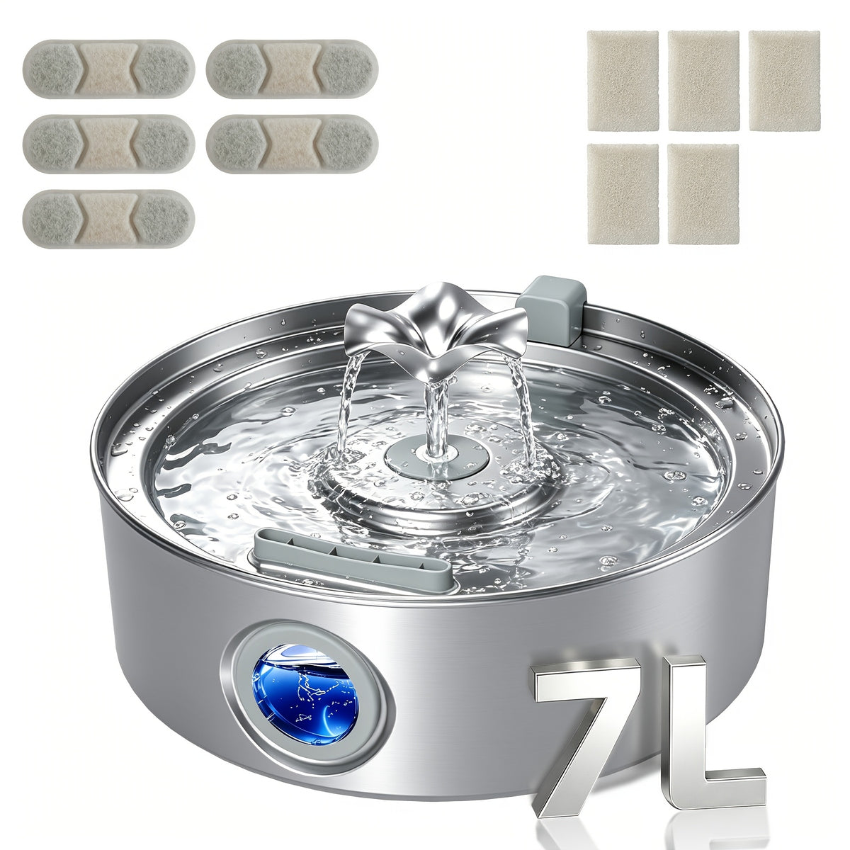 Dog Water Fountain 7L with Flower Head, 304 Stainless Steel Pet Drinking Dispenser with Water Level Window and Filter Bundle Options for Multi-Pet Homes