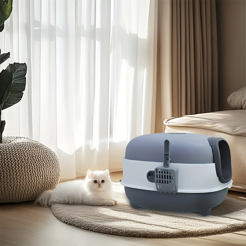 Hooded Cat Litter Box with Scoop, Fully Covered Spill-Reducing Indoor Kitty Toilet for Easy Daily Cleaning and Setup, Purple or Blue