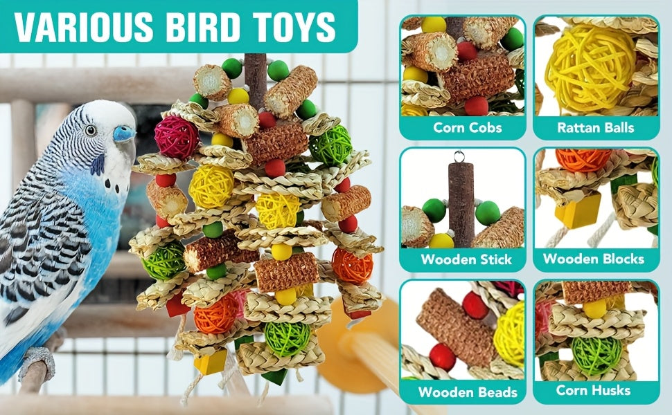 Bird Chew Toys with Natural Corn Cobs, Wooden Blocks and Rattan Balls for Parrot Enrichment, Supervised Cage and Aviary Play, 400g Option