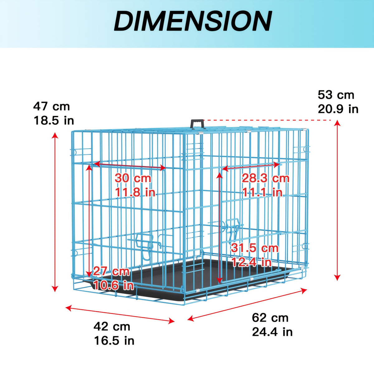 Foldable Dog Crate with Divider Panel, Metal Wire Pet Kennel with Plastic Pan in 18, 24, 30 or 36 Inch Length Options, Black, Blue and Pink Styles