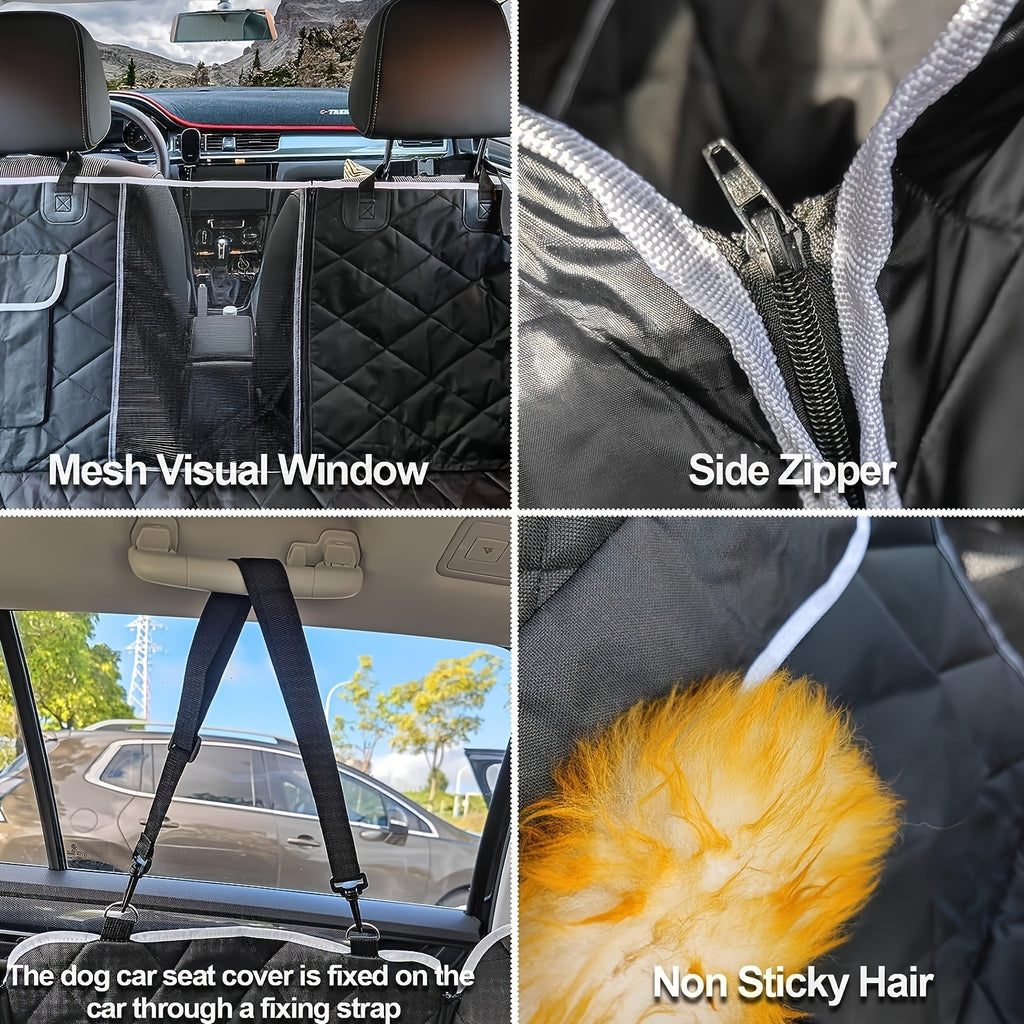 Dog Car Seat Cover with Mesh Viewing Window, 54 x 58 Inch Quilted Backseat Hammock with Storage Pocket and Gray Binding for Compatible Cars, Trucks and SUVs