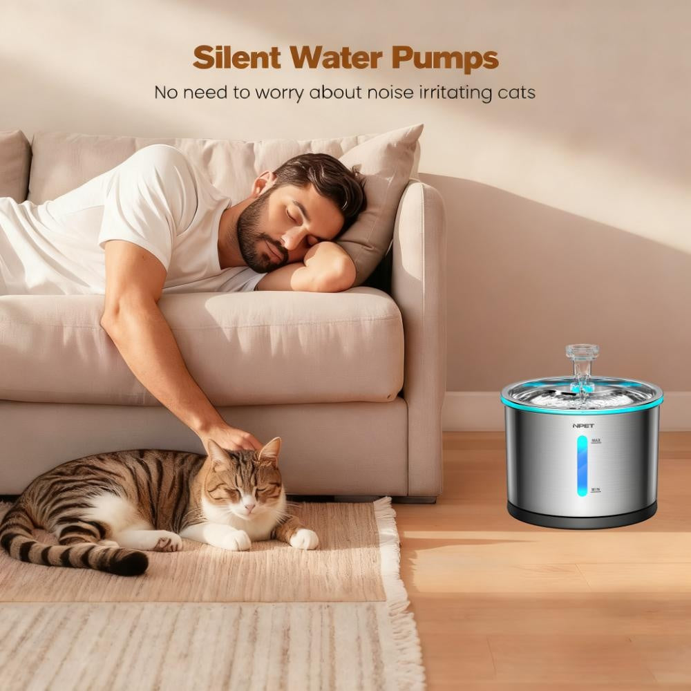 Stainless Steel Cat Water Fountain 50oz 1.5L, NPET WF210 Quiet Pet Drinking Dispenser with LED Water Level Window and Filter Bundle Options