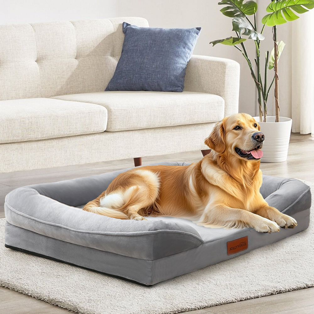 Orthopedic Bolster Dog Bed with Egg Crate Foam, Removable Washable Cover and Non-Slip Base, Gray Pet Sofa in 36, 42 and 48 Inch Sizes