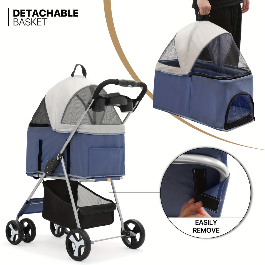 Dog Stroller for Pets up to 33 lbs, 3-in-1 Foldable Pushchair with Detachable Carrier, Car Seat Mode, Push-Button Entry and Mesh Canopy