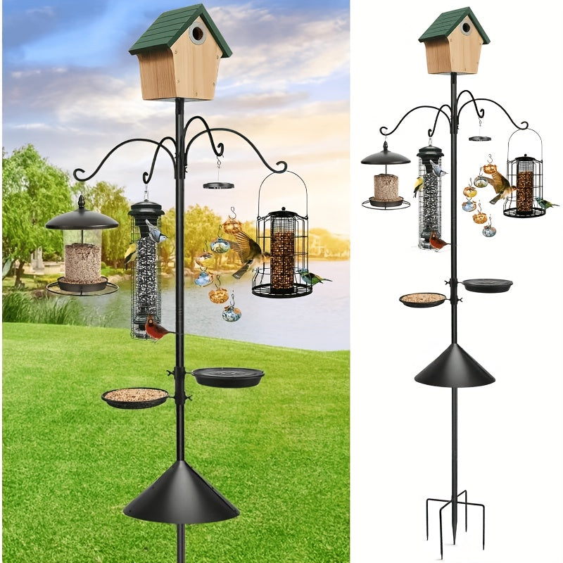 Bird Feeder Pole with Squirrel Baffle, 92-Inch Listed Garden Feeding Station Stand with Adjustable Shepherd Hooks and Metal Trays, Birdhouse Not Included