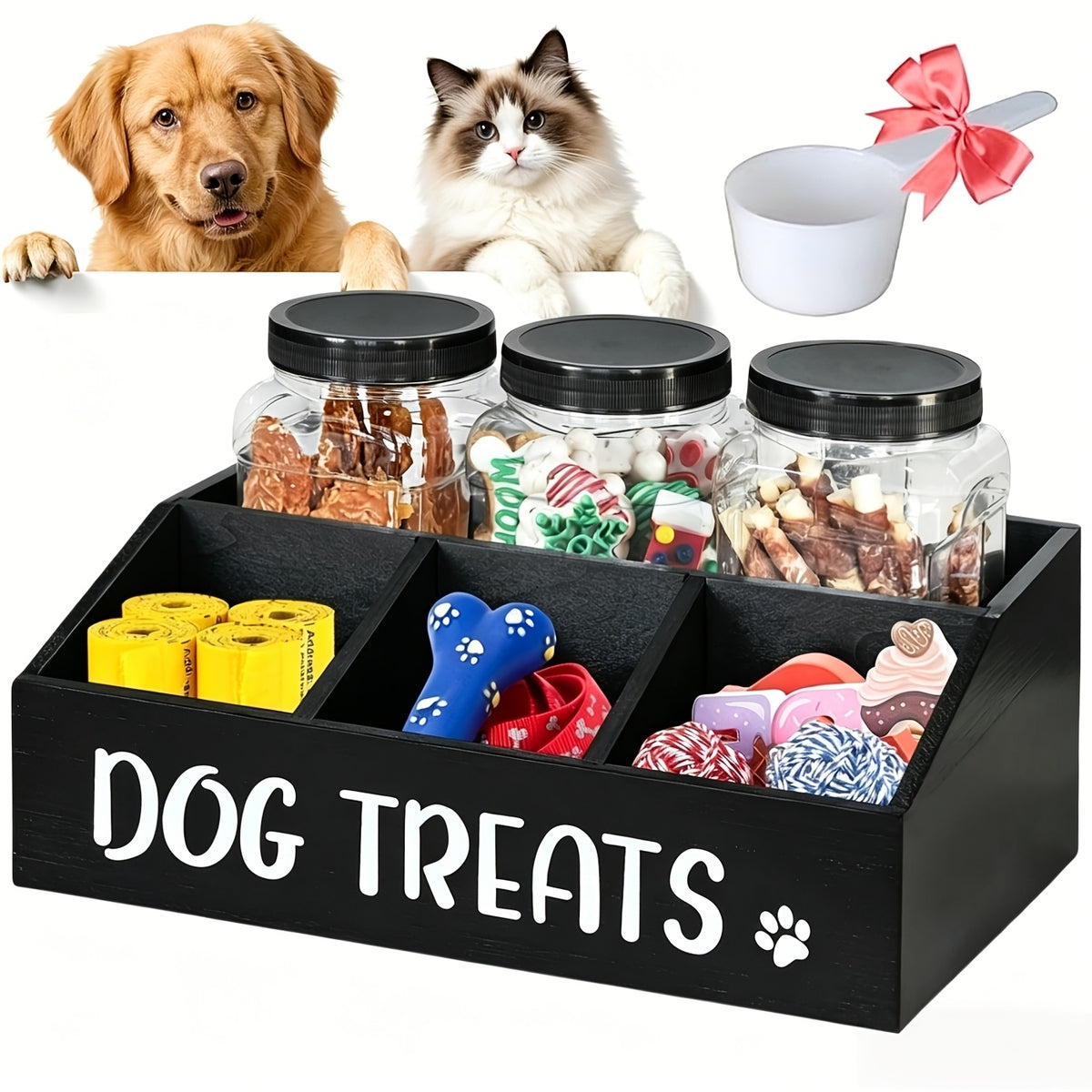 Dog Treat Storage Organizer with 3 Clear Jars and Scoop, Solid Wood Farmhouse Pet Snack Station with Compartments for Cat and Dog Supplies