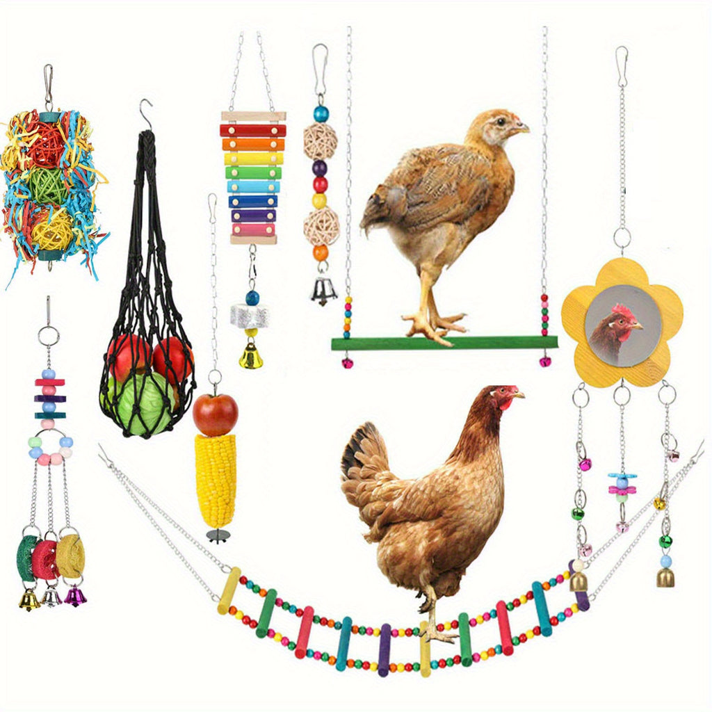 Chicken Enrichment Toys with Xylophone, Mirror, Ladder Bridge and Swing, 5 or 9 Piece Hanging Coop Accessory Sets for Backyard Hens and Poultry Play