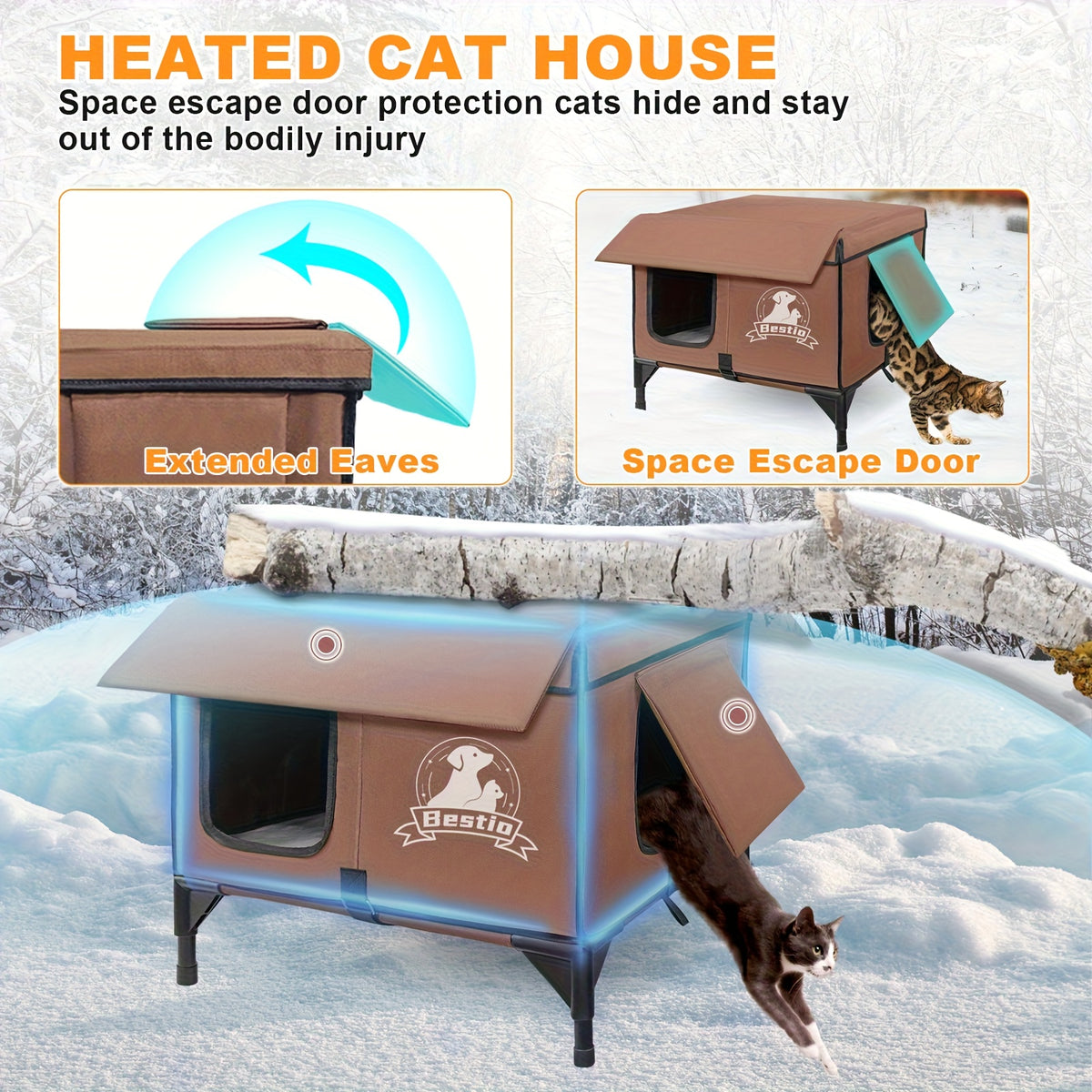 3-in-1 Heated Cat House with Detachable Heating Pad and Elevated Bed, Dual-Entry Cat Shelter in Brown, Camouflage and Roof Style Options