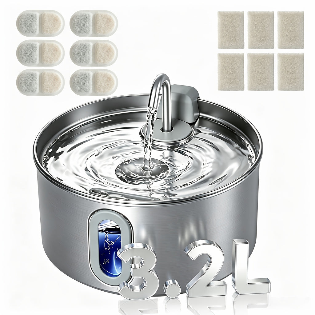 Stainless Steel Pet Water Fountain 3.2L for Cats and Dogs, Quiet 5V Pump with 4-Stage Filtration, Easy-Clean Drinking Dispenser with Filter Bundle Options