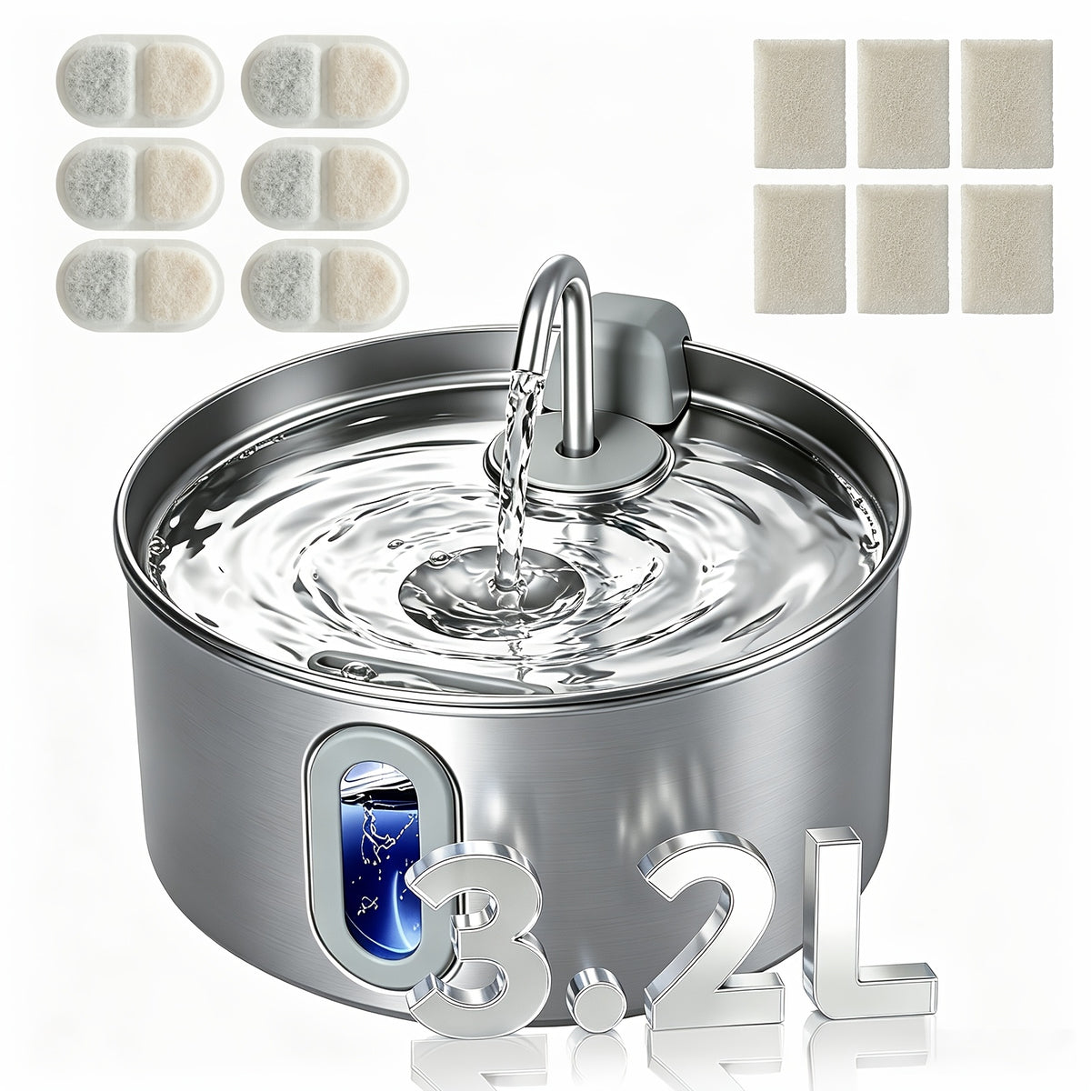 Stainless Steel Pet Water Fountain 3.2L for Cats and Dogs, Quiet 5V Pump with 4-Stage Filtration, Easy-Clean Drinking Dispenser with Filter Bundle Options