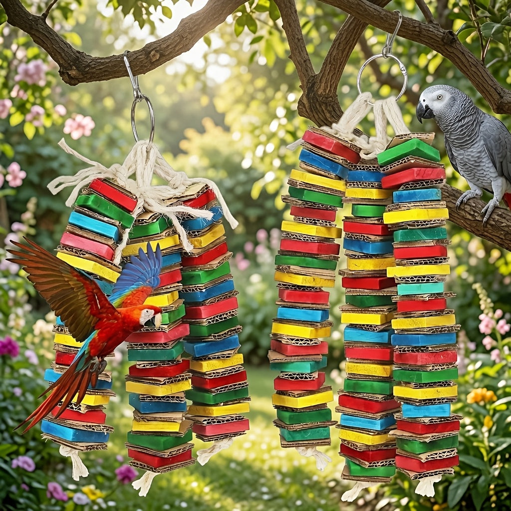 Parrot Toys with Colorful Wood Chew Designs, 12 Selectable Bird Cage Accessory Styles Including Apple, Banana, Coconut and Block Options for Enrichment