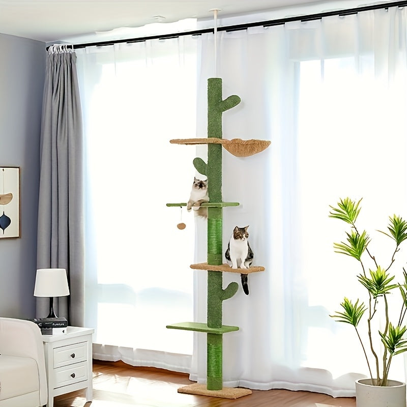 Floor to Ceiling Cat Tree, 90–107 Inch Adjustable 4-Tier Indoor Cat Tower with Tension Rod and Soft Carpet-Style Platforms for Climbing and Rest