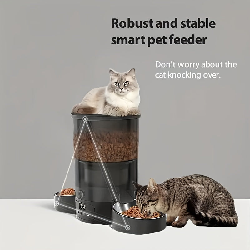 Timed Automatic Cat Feeder with 2 Stainless Steel Bowls, 101.44oz Button-Control Food Dispenser, 1-10 Feedings and Dual Power for Multi-Pet Homes