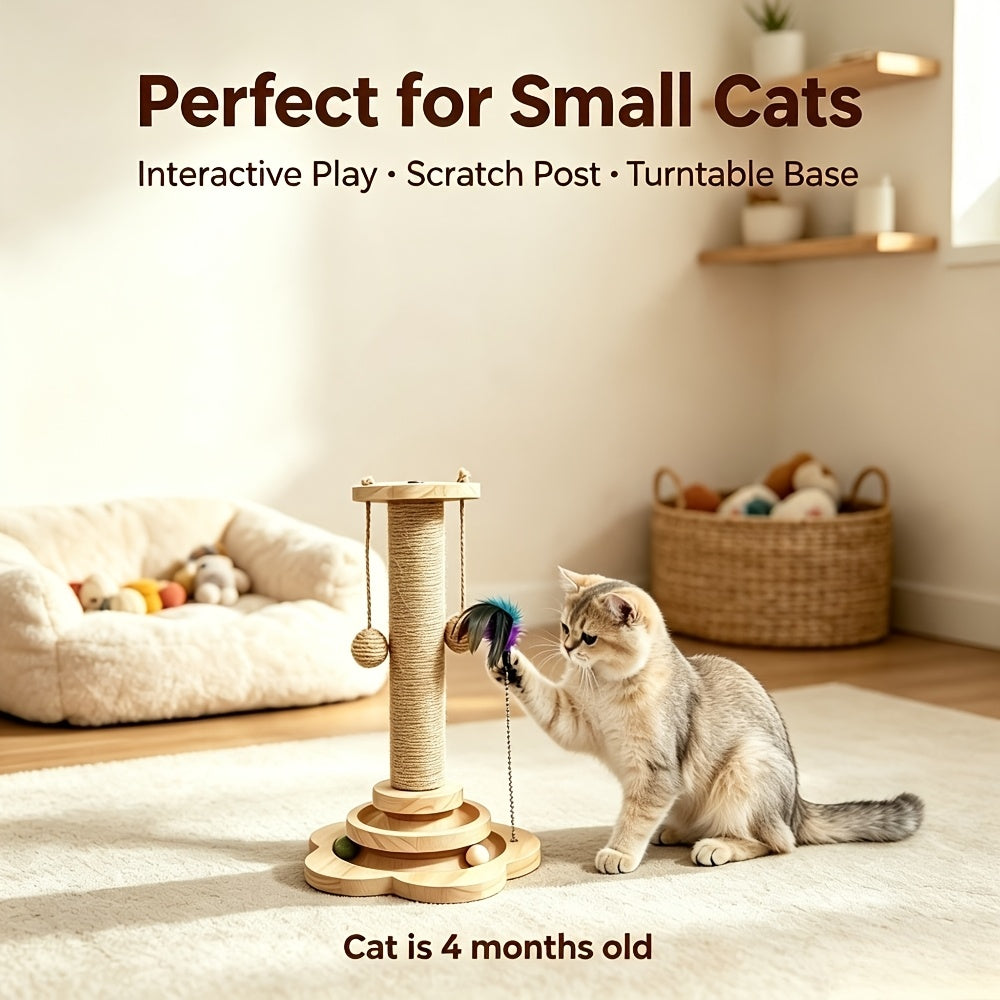 Cat Scratching Post with Six Wooden Balls, Brown Multi-Level Sisal Scratcher with Two Hanging Balls and Two Feather Toys for Indoor Play
