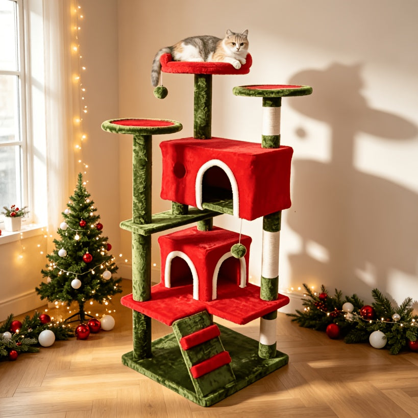 Cat Climbing Tower 44 Inch Multi-Level, Cat Activity Tree with Large Hammock, Enclosed Condo, Top Perch, Natural Sisal Scratch Posts and 2 Hanging Ball Toys for Multiple Cats