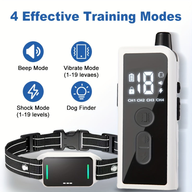 Electronic Dog Training Collar with Remote, Adjustable Nylon Strap, Beep, Vibration, Static Stimulation and Finder Light, Black or White Options