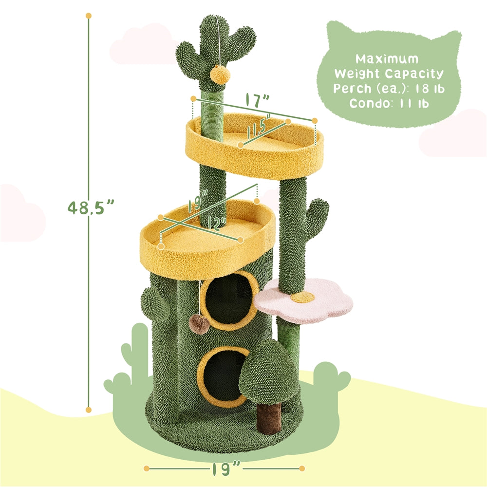 Cactus Cat Tree 48.5 Inch, Oasis-Themed Fleece Cat Tower with 3 Perches, Condo, Scratching Posts and Toys for Small Medium Indoor Cats, Green Yellow