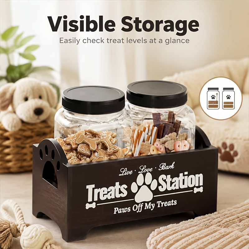 Dog Treat Container Set with Wooden Farmhouse Rack and 2 Plastic Snack Canisters, 3-Piece Pet Food Storage Organizer in Black or White for Home