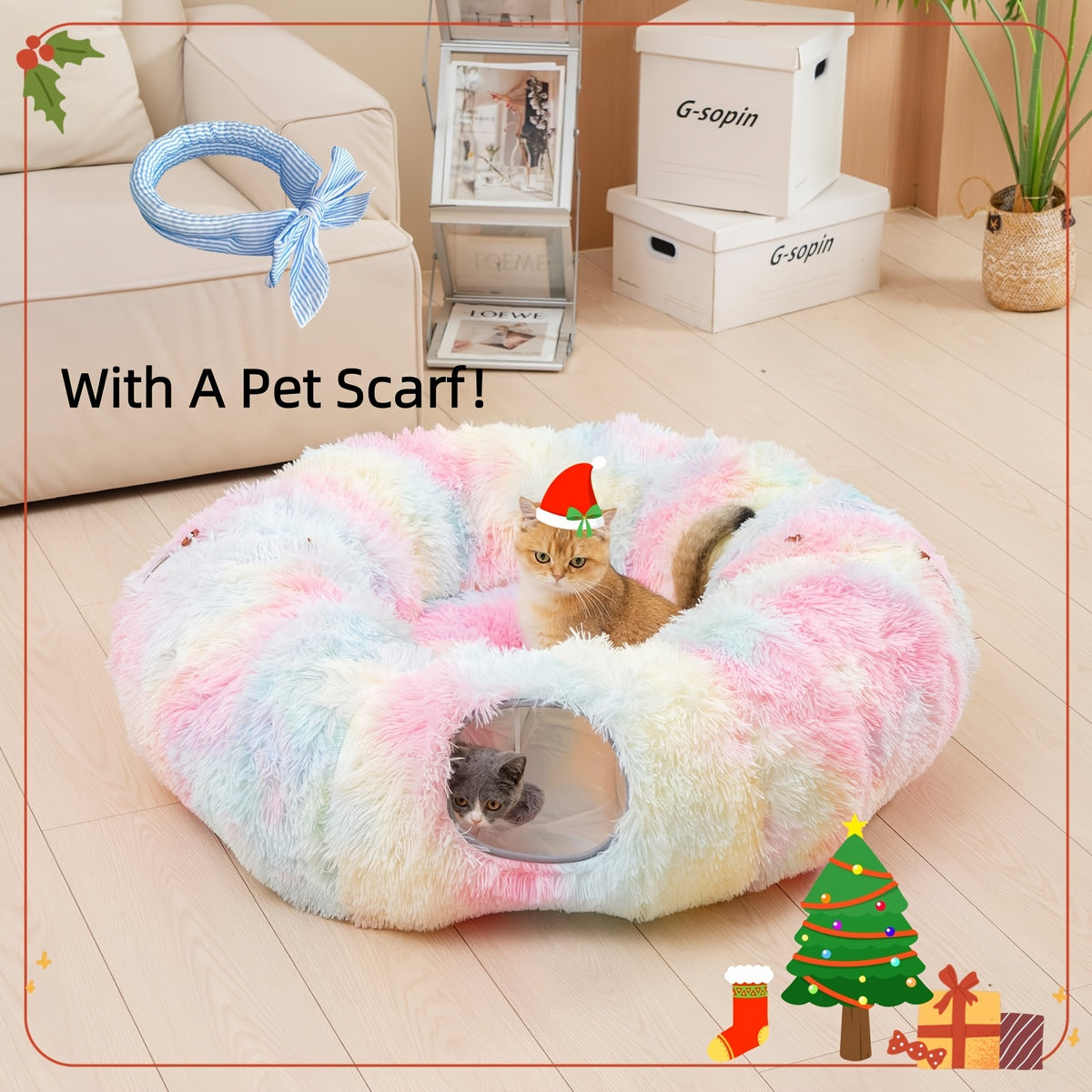 Cat Tunnel with Bed and Pet Scarf, Soft Plush Donut Hideaway with Peekaboo Opening for Indoor Cat Play and Rest, Four Color Options and Holiday Gift Idea