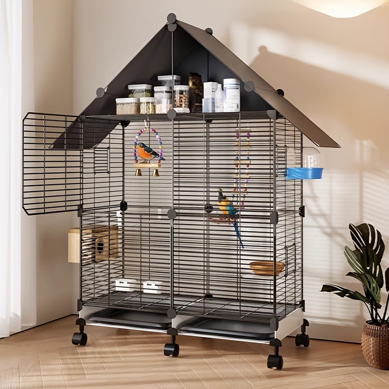 Rolling Bird Cage with Roof and Hanging Toys, Large Bird Habitat with Stand for Parrots, Lovebirds and Pigeons in Black or White