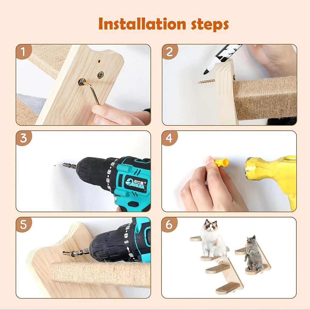 Cat Wall Stairs with Four Rope-Wrapped Steps, Solid Wood Wall-Mounted Climbing Ladder for Indoor Cat Routes and Space-Saving Furniture Layouts