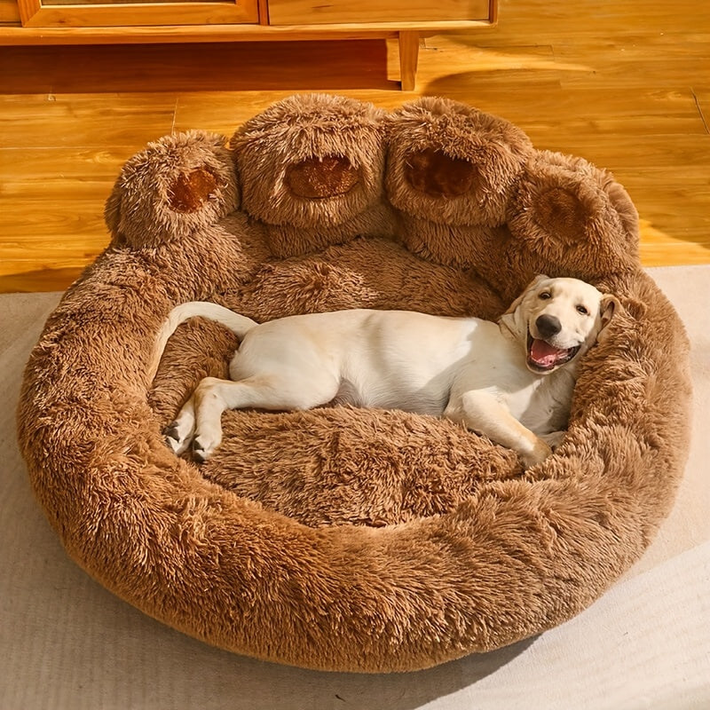 Plush Dog Bed with Bear Paw Shape, Soft Faux Fur Cat Sleeping Cushion with Non-Slip Bottom, Coffee Pink or Gray for Pets up to 30 lbs