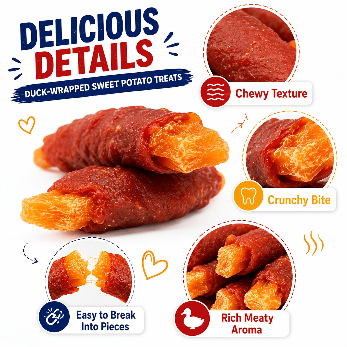 Duck Wrapped Sweet Potato Dog Treats, Chewy Snack Sticks in 220g or 450g Packs for Supervised Training Rewards and Everyday Dog Treat Time