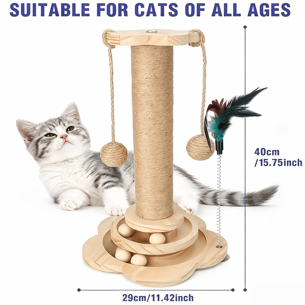 Cat Scratching Post Activity Center with 2-Level Ball Track, Sisal Rope, Pinewood Base, Feather Toy and Hanging Balls for Indoor Cats