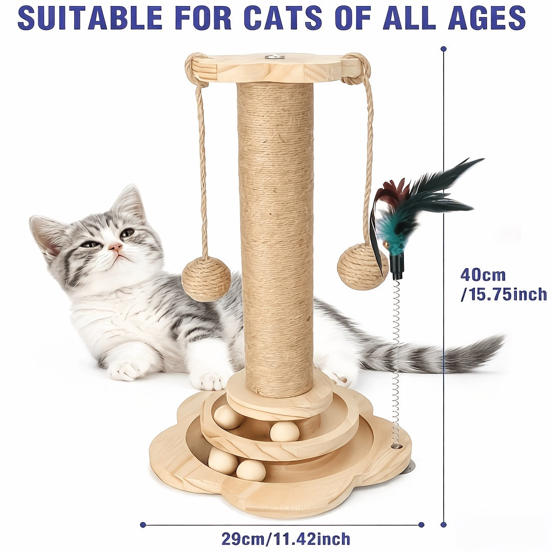 Cat Scratching Post Activity Center with 2-Level Ball Track, Sisal Rope, Pinewood Base, Feather Toy and Hanging Balls for Indoor Cats