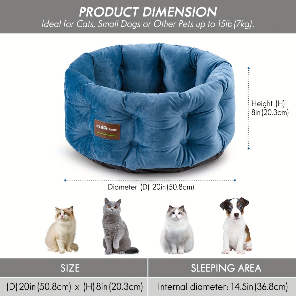 Deep Nest Cat Bed for Indoor Cats up to 15 lbs, 20-Inch Round Velvet-Feel Pet Sleeper with Extra-High Sides, Washable Design and Non-Slip Bottom