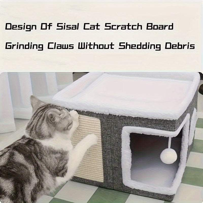 Cat Cube Bed with Foldable Canvas Design and Hanging Plush Ball, Nylon Frame Indoor Hideaway in Gray Classic or Extended Dual-Port Styles