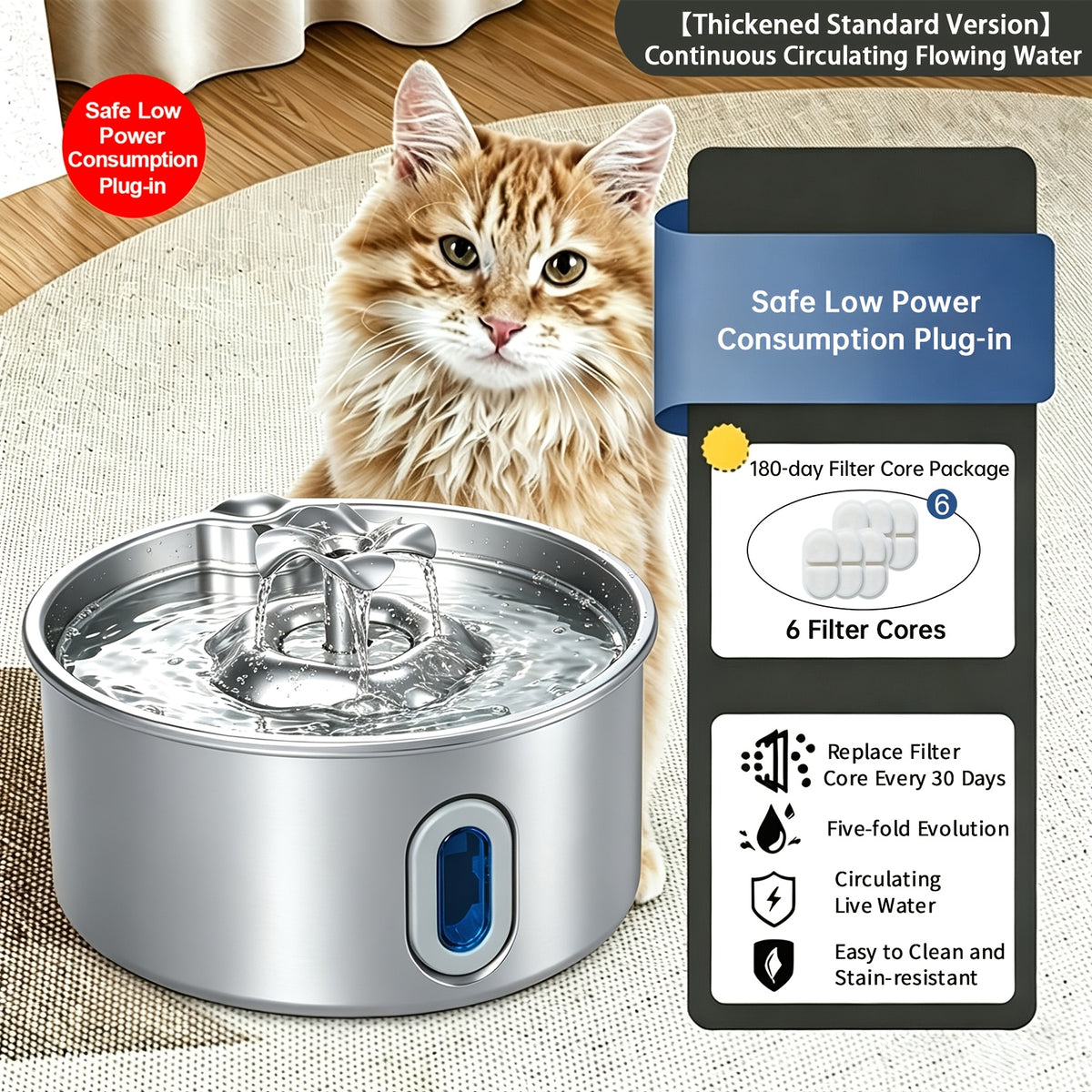 Dog Water Fountain 74oz 2.2L, Quiet 304 Stainless Steel Pet Drinking Dispenser with Large Water Level Window, Easy-Clean Design and Filter Bundle Options