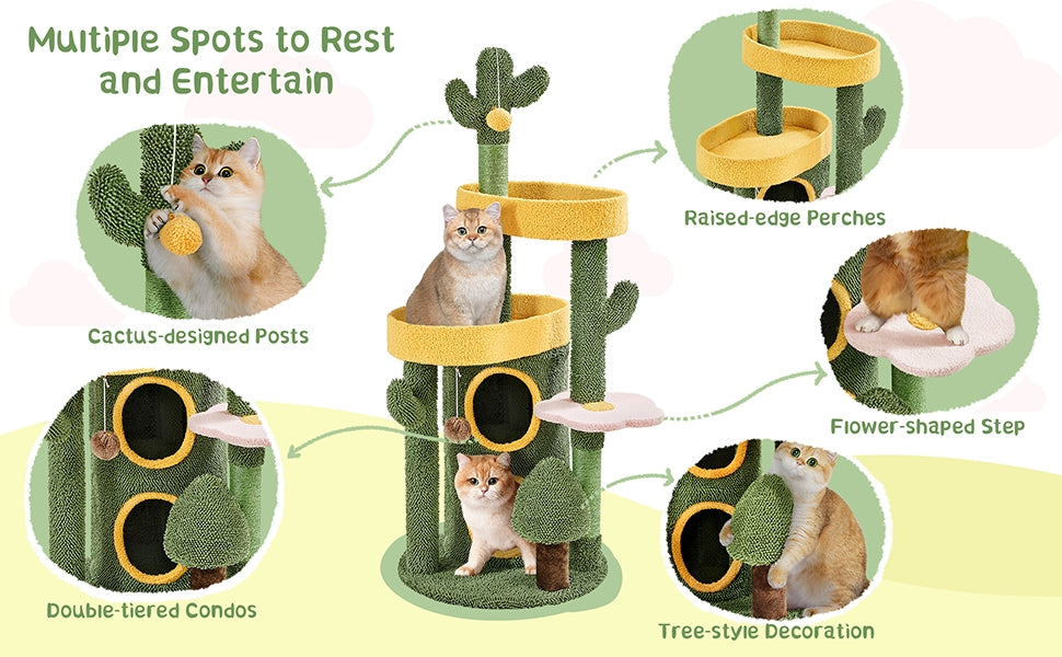 Cactus Cat Tree 48.5 Inch, Oasis-Themed Fleece Cat Tower with 3 Perches, Condo, Scratching Posts and Toys for Small Medium Indoor Cats, Green Yellow