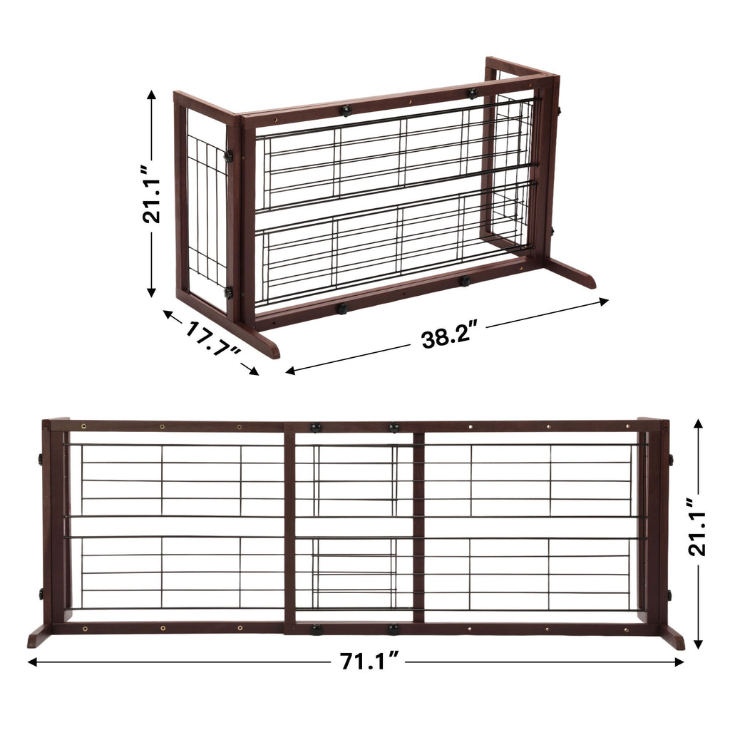 Wood Dog Gate with Sliding Width Adjustment, 38–71 Inch Freestanding Pinewood Pet Barrier with Wide Support Base for Indoor Doorways and Hallways