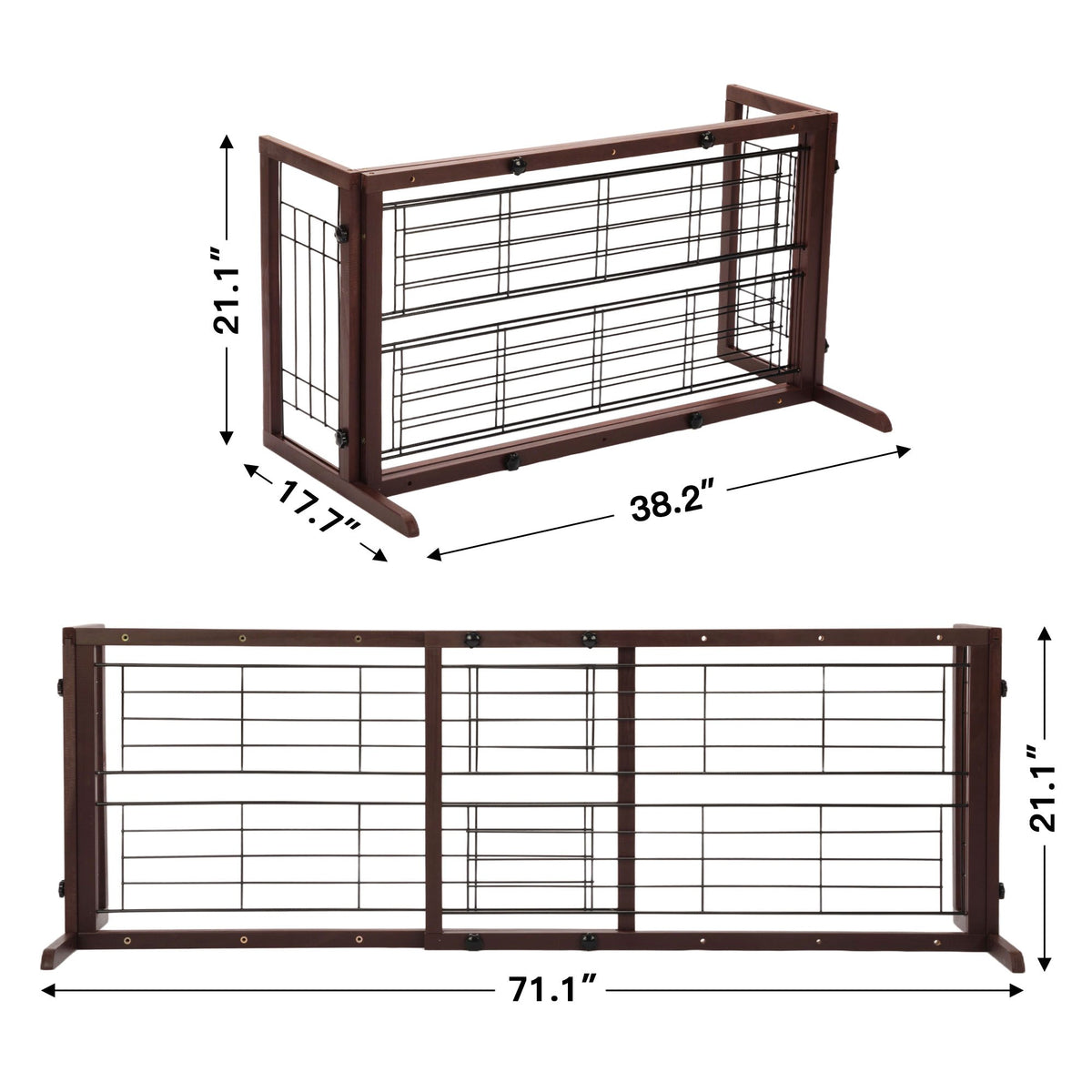 Wood Dog Gate with Sliding Width Adjustment, 38–71 Inch Freestanding Pinewood Pet Barrier with Wide Support Base for Indoor Doorways and Hallways