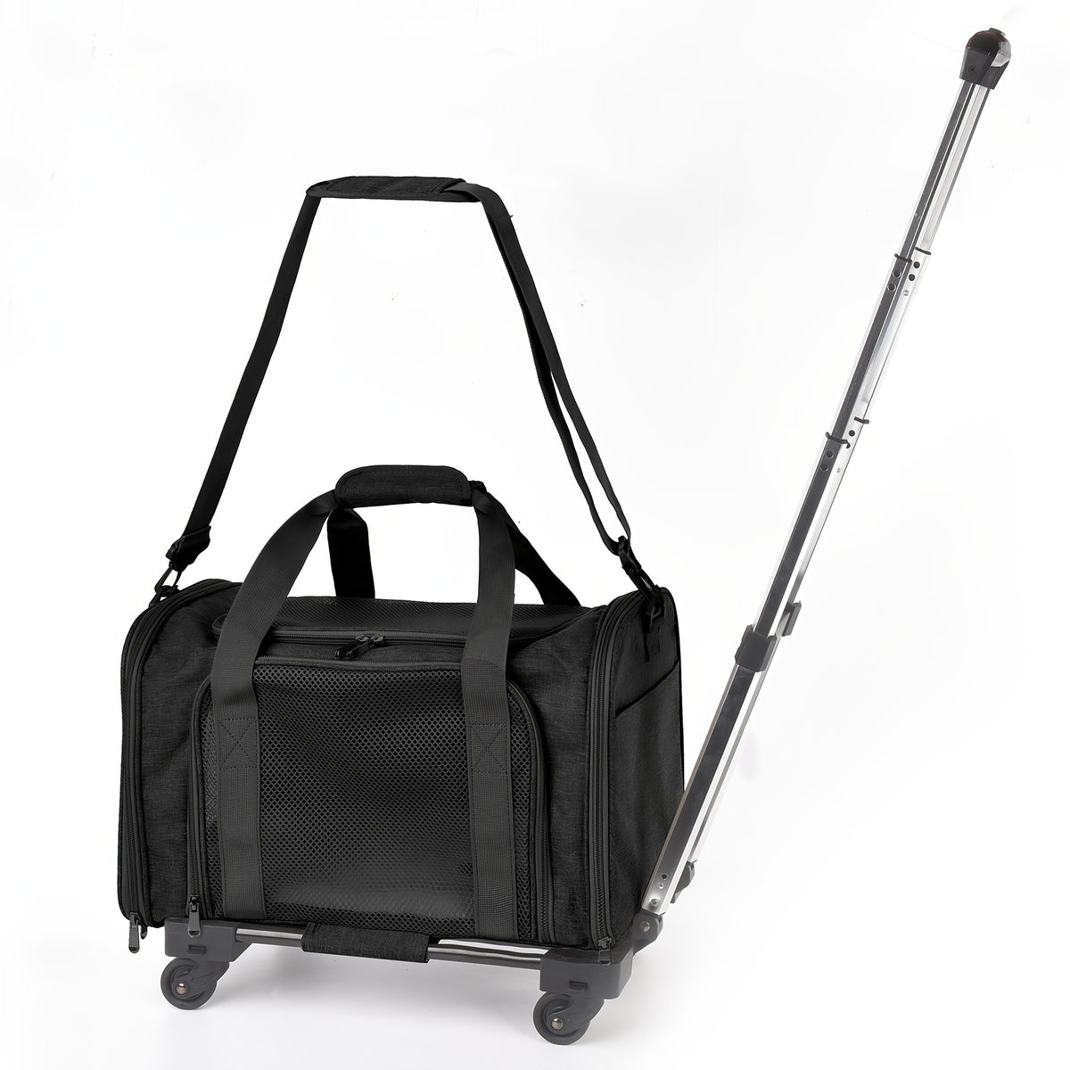 Pet Travel Carrier with Detachable Wheels, Retractable Pull Handle and Breathable Mesh, Soft-Sided Cat and Dog Bag for Vet Visits and Trips
