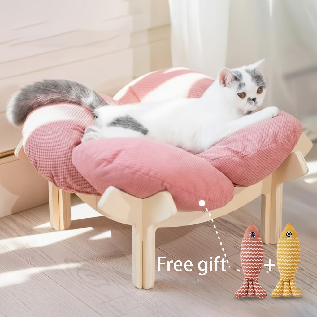 Pink Wooden Cat Lounge Bed with Soft Cushion, Elevated Indoor Pet Sofa Chair in Pink + Two Linen Fish Style for Cat Naps and Cozy Home Lounging