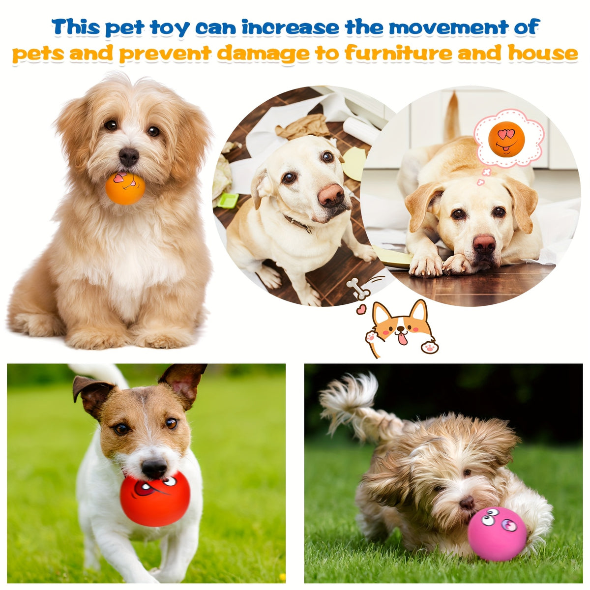 Squeaky Dog Ball Set with Joyful Face Expressions, 12-Pack Rubber Interactive Toys for Puppies and Small to Medium Dogs, Supervised Play and Training