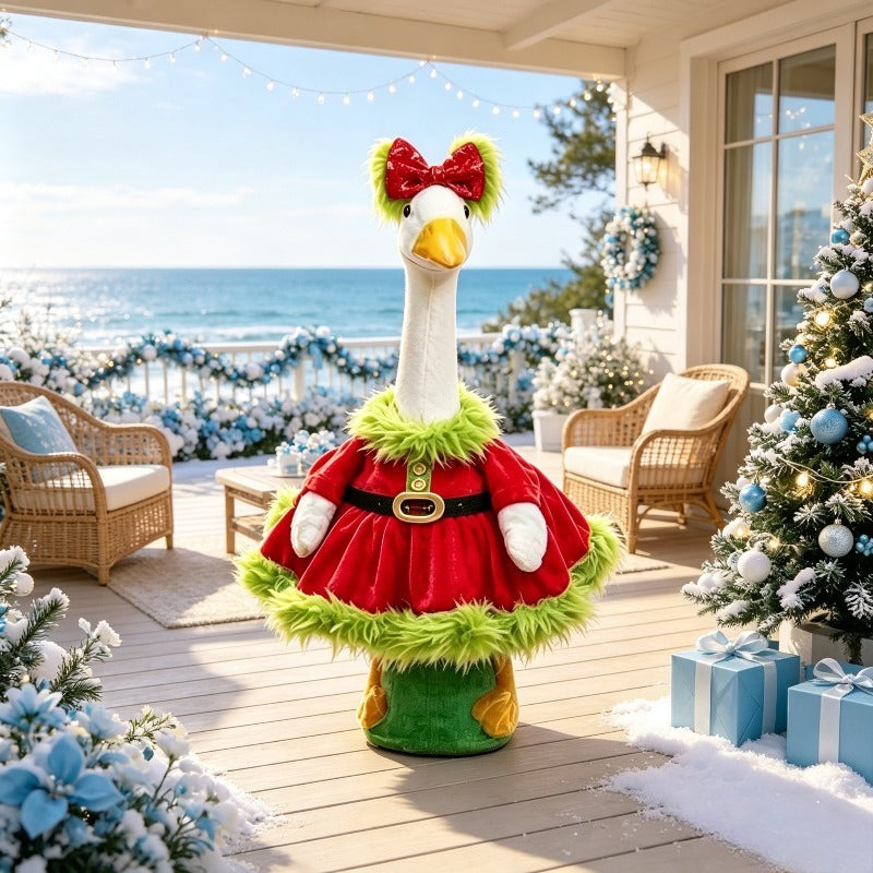 Red Sequin Bow Porch Goose Costume for 23-Inch Decorative Goose, Christmas Holiday Outfit with Green Plush Detail for Seasonal Entryway Decor